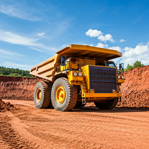 Large yellow mining dump truck on a dirt road in an open-pit quarry.